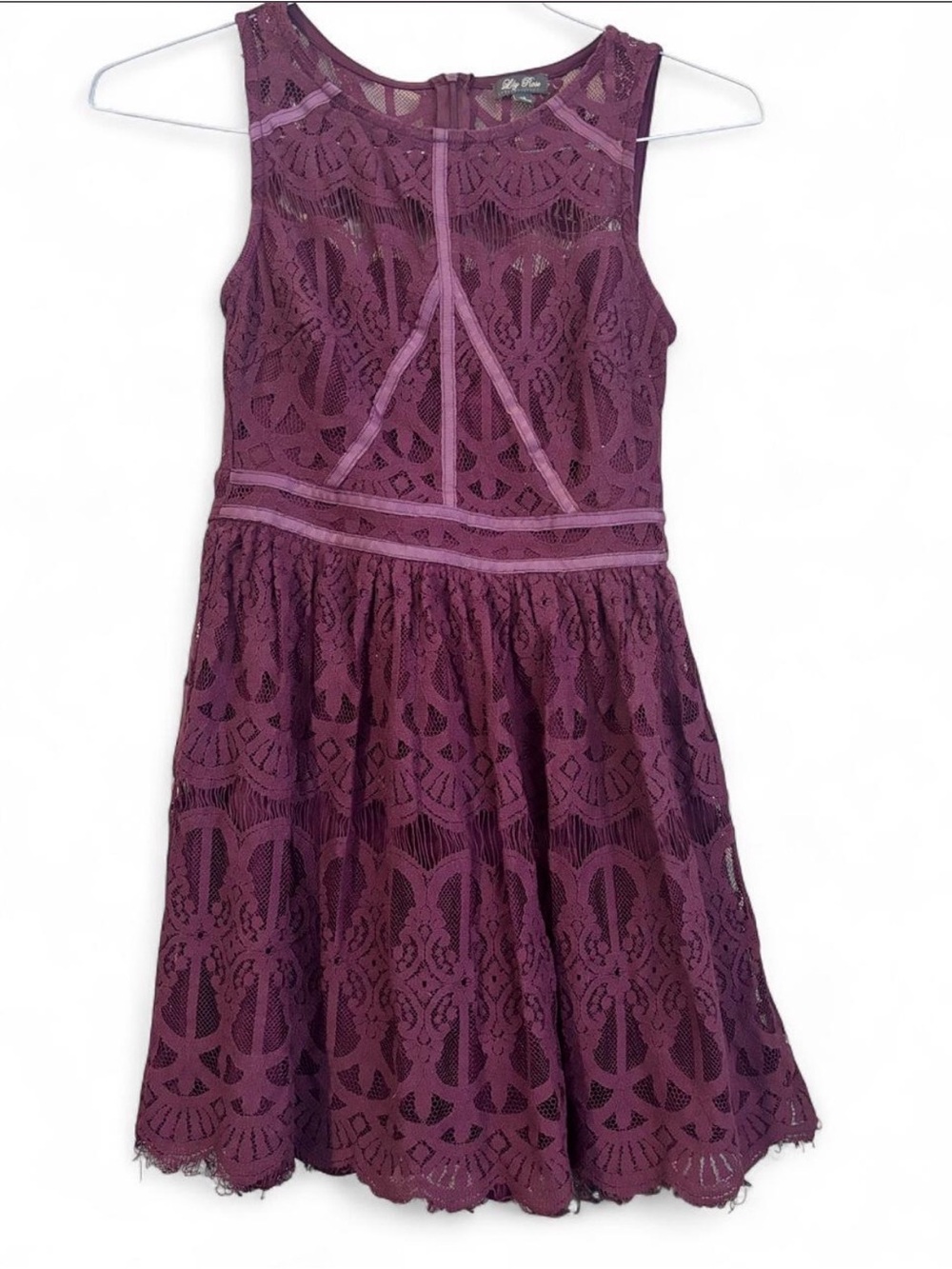 Juniors Purple lace dress with geometric cut-out design, size XS